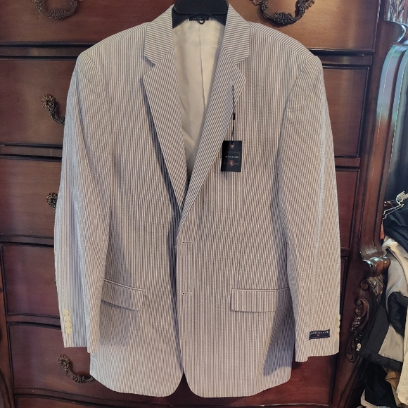 NWT Saddlebred Seeesucker Blue & White Striped Blazer Sz 42R - Picture 1 of 6